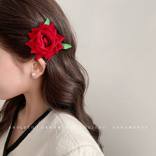红色玫瑰花发夹女侧边大头花夹子写真拍照胸针发卡两用装饰品胸花
