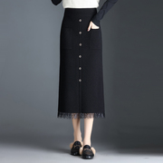 黑色蕾丝针织半身裙女秋冬2023年高腰弹力，显瘦包臀裙毛线裙子