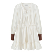 niatelier原创设计师品牌白色纯棉，拼皮袖大摆抽皱欧式浪漫连衣裙