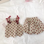 女童红色波点蝴蝶结，套装2024夏季宝宝韩版无袖，上衣短裤两件套