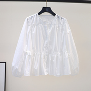 褶皱设计白色小衫女棉布娃娃衫2023春季韩版时尚宽松长袖衬衣上衣