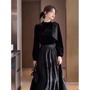 欧洲站2023秋冬法式小黑裙，高级感礼服宴会，黑色丝绒拼接洋装