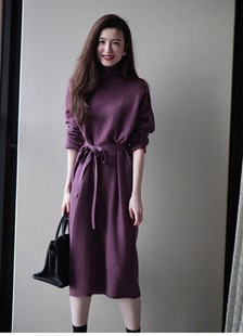 法式紫罗兰羊毛连衣裙2024春秋，气质温柔风，修身针织高领打底裙