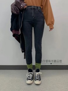 韩国东大门复古蓝修身牛仔裤女 23冬季高腰显瘦深色铅笔长裤