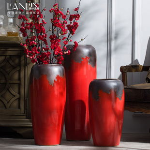 景德镇陶瓷摆件落地大，花瓶中式中国红瓷器，客厅玄关插花干花装饰品