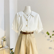 白色翻领短袖雪纺衬衫，女夏季设计感宽松百搭简约气质v领小衫上衣