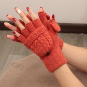 出口日本针织羊毛冬季女士保暖学生写字打电脑玩手机翻盖半指手套
