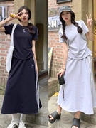 韩系运动夏装巨显瘦遮肚藏肉套装学院风上衣梨形身材裙子两件套