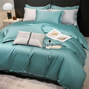 纯色长绒棉素色床上用品简约双拼，纯棉被套床单式床笠60支四件套