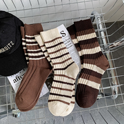 咖色袜子女中筒袜秋冬季条纹，撞色纯棉堆堆袜日系，复古粗针粗线袜潮