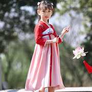 女童汉服古装夏季短袖，中国风红色长袖连衣襦裙舞蹈，儿童六一演出服