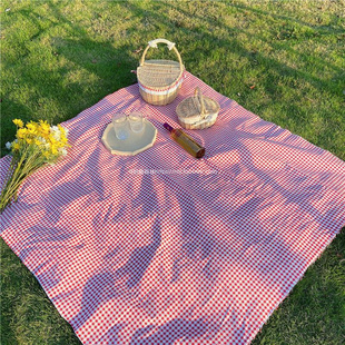 网红ins风 红色桔色紫色蓝色格子野餐布桌布地摊布棉麻材质拍照户