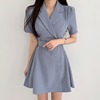 韩国chic夏季气质优雅翻领，小个子腰带收腰显瘦纯色短袖西装连衣裙
