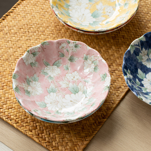 日本进口美浓烧木槿花盘子，日式餐具碗盘，家用7寸菜盘釉下彩汤盘