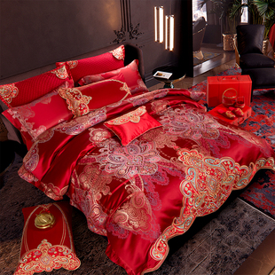 结婚四件套欧式大红婚庆，床上用品高档奢华刺绣，被套新婚喜被十件套