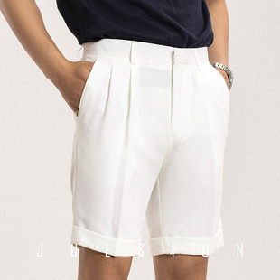 夏季短裤男白色英伦商务，帅气青年休闲工装卷边修身五分裤西裤薄款