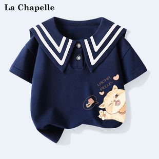 拉夏贝尔女童短袖t恤夏季儿童海军，领上衣夏装2024女孩学院风