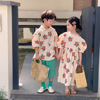 儿童姐弟装韩国宝宝夏季洋气花朵兄妹装男童度假风衬衫女童连衣裙