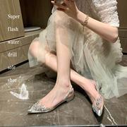 仙女水钻透明凉鞋2024夏季一字带小众包头平底鞋水晶低跟女鞋
