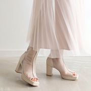 RANDA 24春季时尚网纱质感粗跟露趾透视短靴 PC33021
