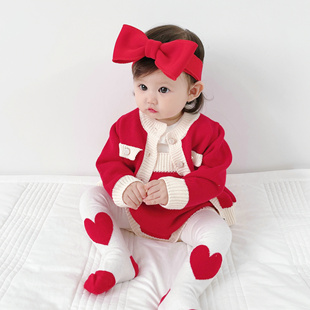 秋冬装大红色新年圣诞女宝宝针织套装开衫外套哈衣婴儿爬服两件套