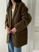 23年韩国东大门手工双面，短款西服领羊毛绒呢子女大衣外套