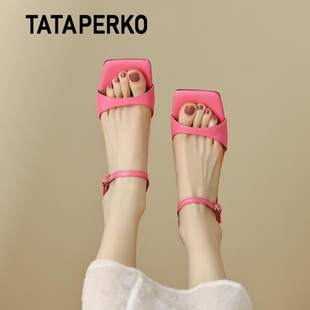 TATA PERKO联名女鞋真皮玫红色法式绝美高跟凉拖鞋女夏季小跟凉鞋