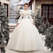 婚纱礼服2023秋冬季白色一字肩齐地长袖大码修身显瘦新娘冬天
