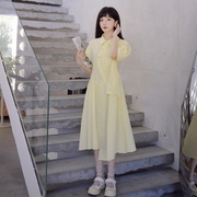嫩黄色polo领连衣裙女夏季法式小个子设计感不规则过膝衬衫娃娃裙