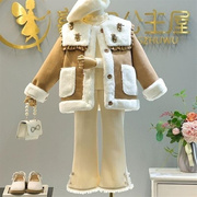 女童冬季套装2023韩版女宝宝，皮毛一体加绒加厚外套裤子两件套