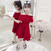 女童挂脖一字肩裙2024韩版夏季儿童洋气红色裙子短袖连衣裙潮