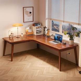 实木转角电脑桌台式L型家用办公桌子H卧室简约拐角学习书桌椅组合