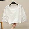 白色蕾丝衫女中袖2023夏季镂空刺绣花衬衫纯棉衬衣短款上衣仙