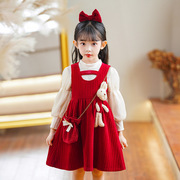 女童连衣裙两件套2023洋气，公主裙背心，裙中小童红色裙子套装