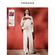 新中式vgrass羊绒羊毛红色提花，半高领针织衫冬款白色，毛衣女(毛衣女)