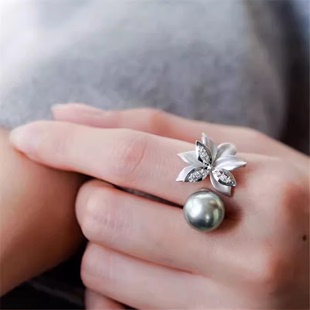 diy珍珠配件s925纯银磨砂，花瓣款开口戒指，半成品托配饰指环9-12mm