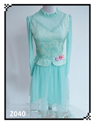 珍思薇尼女春装绿色圆领，显瘦裙网纱拼接长袖公主，风a字连衣裙