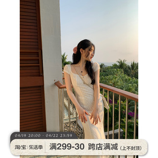 王少女的店 白色蕾丝V领连衣裙2024夏季法式气质修身长款鱼尾裙子