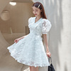 衣阁里拉夏季白色翻领泡泡袖收腰小个子礼服连衣裙通勤高级感