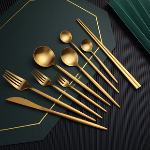高档304不锈钢叉筷套装欧式西餐餐具家用牛排叉勺金色咖啡勺