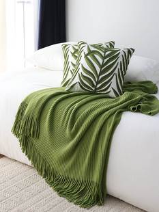 北欧田园风草绿色针织毯子，床尾巾盖毯沙发装饰毯纯色民宿