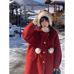 圣诞新年战袍外套女秋冬高级感红色，65%羊毛夹棉超好看毛呢大衣