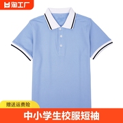 中小学生校服短袖浅蓝色儿童polo衫，夏季纯棉翻领t恤班服套装定制