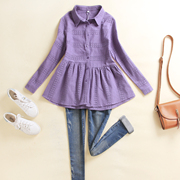 紫色纯棉衬衫女春季2024镂空休闲宽松显瘦衬衣蕾丝花边打底衫