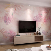 北欧电视背景墙纸粉色羽毛壁纸，卧室客厅沙发简约壁画网红拍照墙布