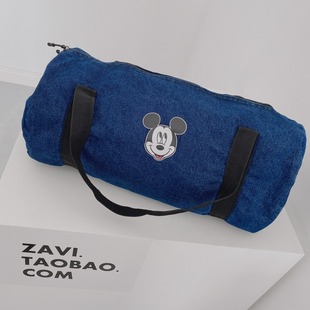 ZAVI 原创 美式深蓝色牛仔圆筒包复古老鼠 购物旅行手提单肩大包