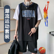 2023黑色篮球服班服夏男宽松运动套装，韩版潮牌情侣短裤短袖两件套