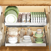厨房沥水碗碟架双层放碗盘架伸缩拉篮抽屉式多功能橱柜内置置物架
