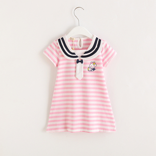 女童短袖t恤裙夏季宝宝，中大童韩版海军风条纹，儿童中长上衣裙