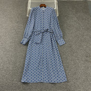 外贸欧美春秋季蓝色，条印花纹单排包扣长袖大码系带连衣裙